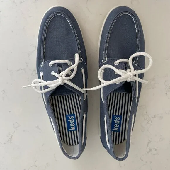 Keds Charter Nautical Casual Slip On Canvas Deck Shoes Blue + White Sz 7.5 - Picture 2 of 11